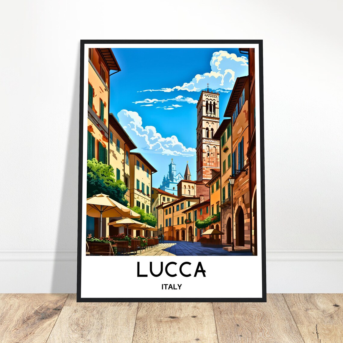 Lucca Tuscan Street Cafes and Church Tower in Warm Sun Poster