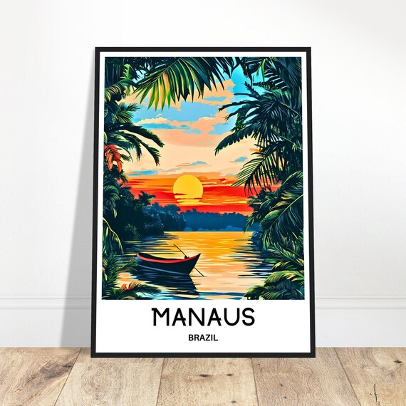 Manaus Brazil Amazon River Sunset Canoe Jungle Travel Poster