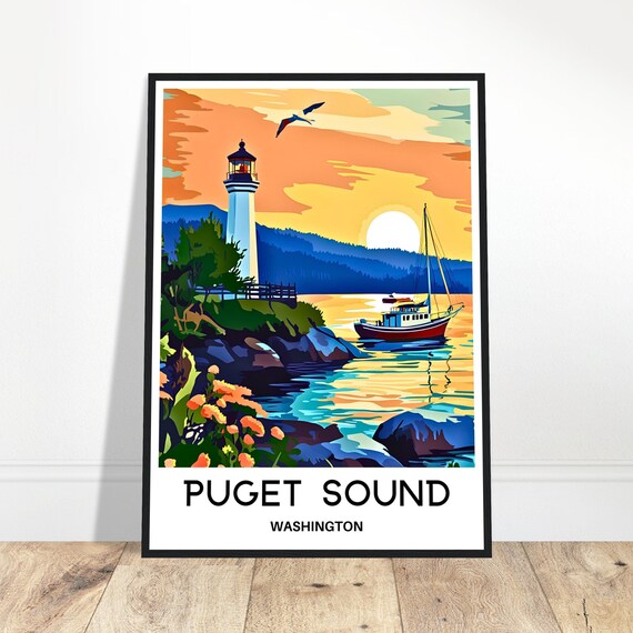 Puget Sound Travel Print Poster Art Washington Lover Gift Wall Hanging Home Office Room Desk Decor Illustration