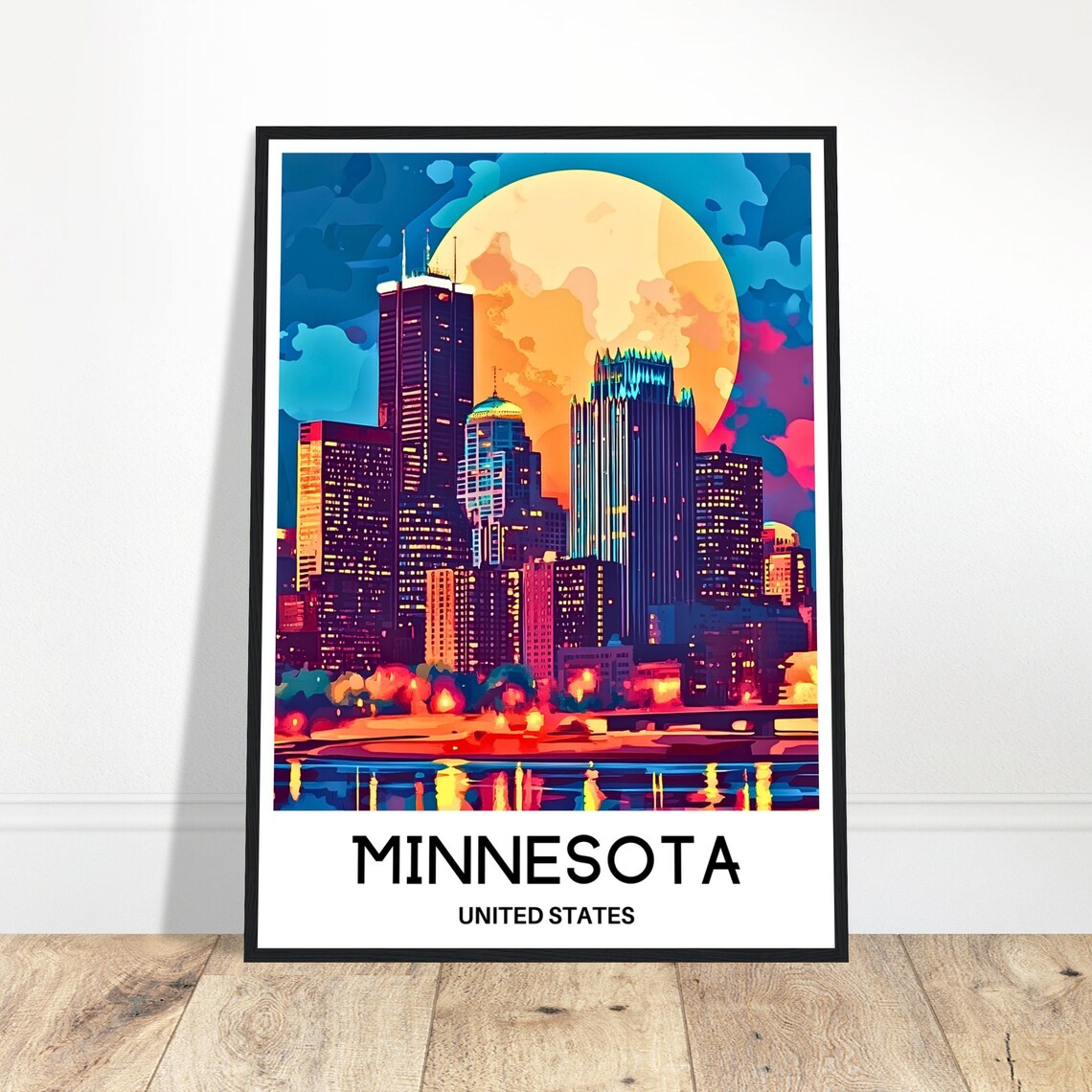 Minnesota Minneapolis Night Skyline Full Moon City Travel Poster
