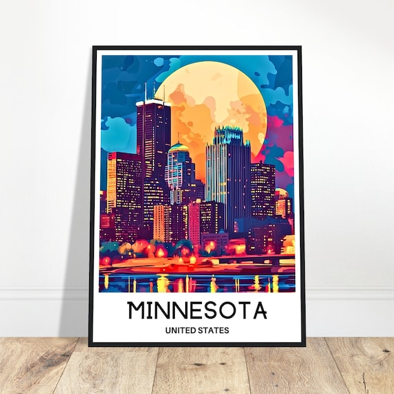 Minnesota Minneapolis Night Skyline Full Moon City Travel Poster