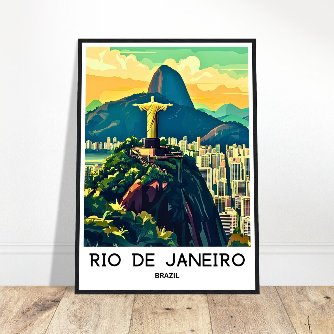 Rio de Janeiro Brazil Travel Poster Christ the Redeemer at Sunset