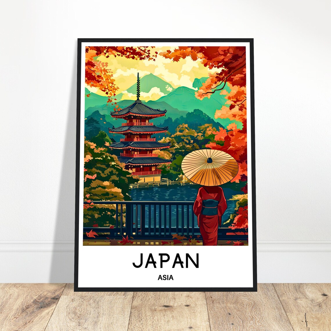 Japan Autumn Pagoda Kimono Parasol Travel Poster Asia Illustration