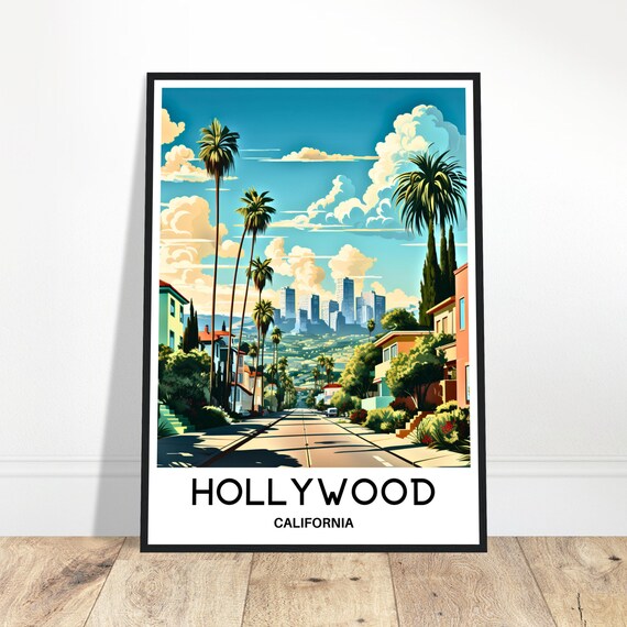 Hollywood California Travel Poster Palm Tree Street View of Downtown Skyline