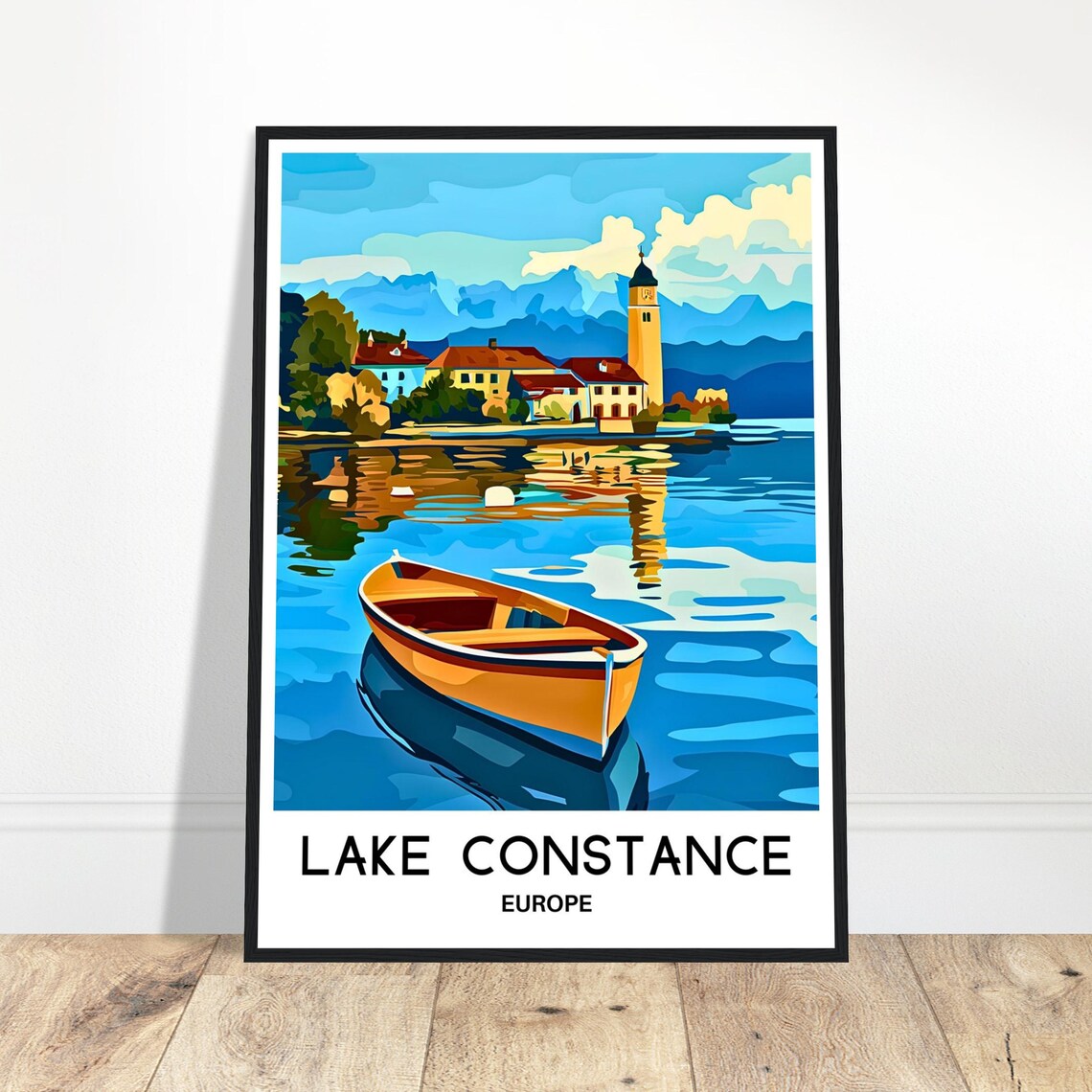 Lake Constance Europe Travel Poster Lakeside Church Wooden Boat Art