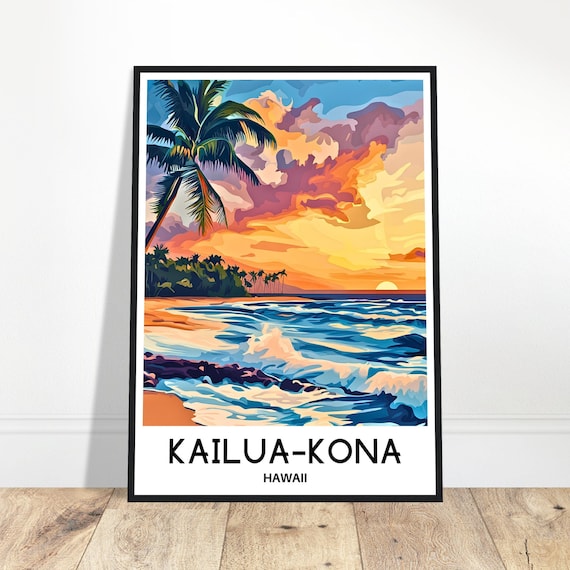 Kailua Kona Hawaii Sunset Palm Beach Ocean Waves Travel Poster
