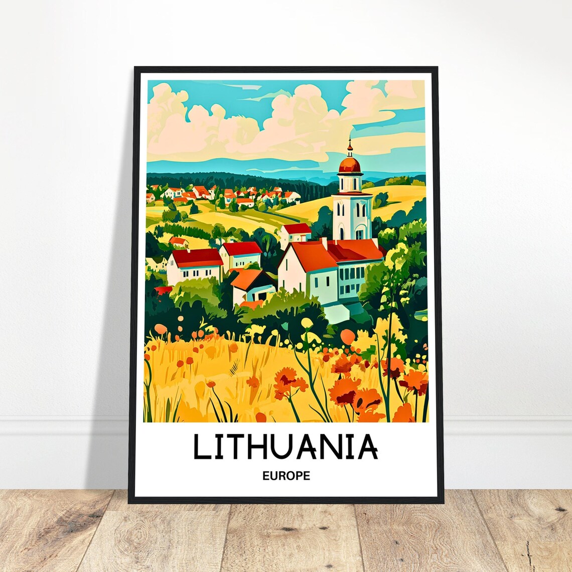 Lithuania Europe Countryside Village Church Poppy Fields Travel Poster