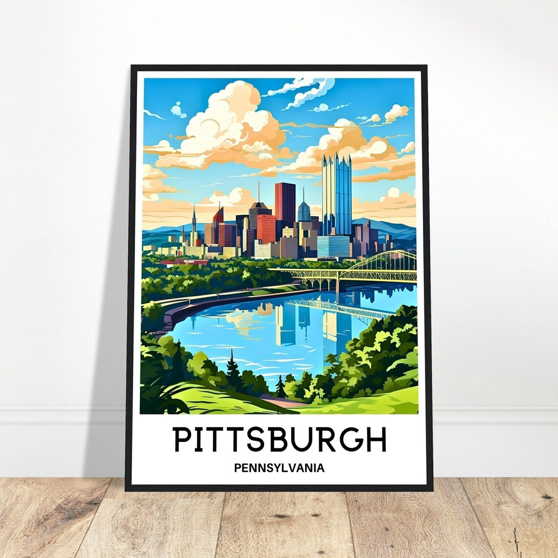 Downtown Pittsburgh Pennsylvania Travel Poster River Skyline Artwork