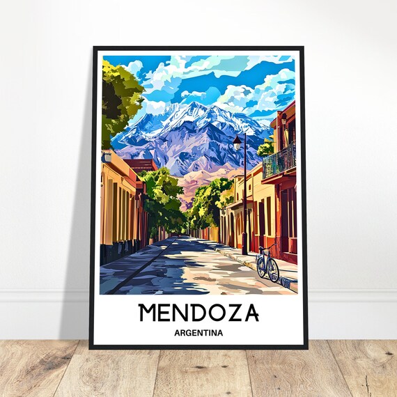 Mendoza Argentina Colonial Street With Andes Mountains Travel Art Poster
