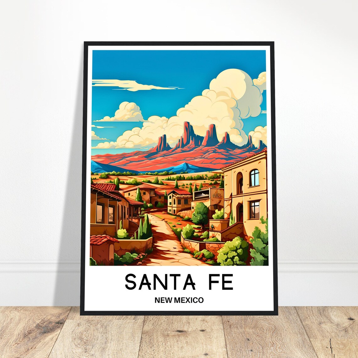 Santa Fe New Mexico Southwest Travel Poster with Red Rock Mesas