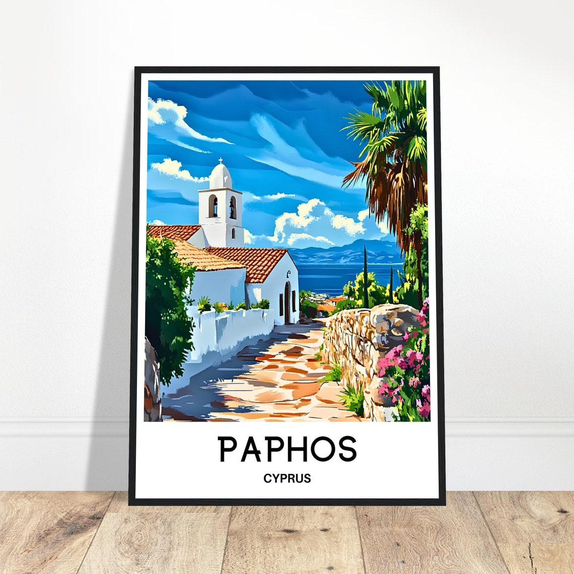 Paphos Cyprus White Church Seacoast Path Bougainvillea Poster