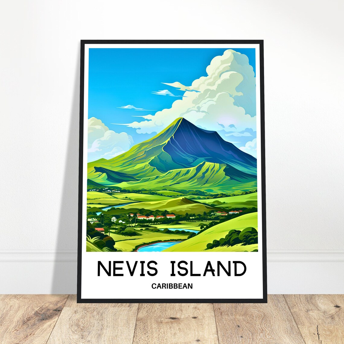 Nevis Island Caribbean Mountain Peak Lush Green Vintage Travel Art Poster