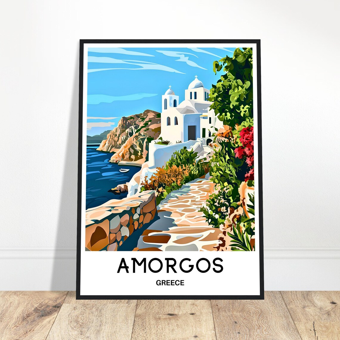 Amorgos Greece Whitewashed Church Aegean Coastal Travel Poster