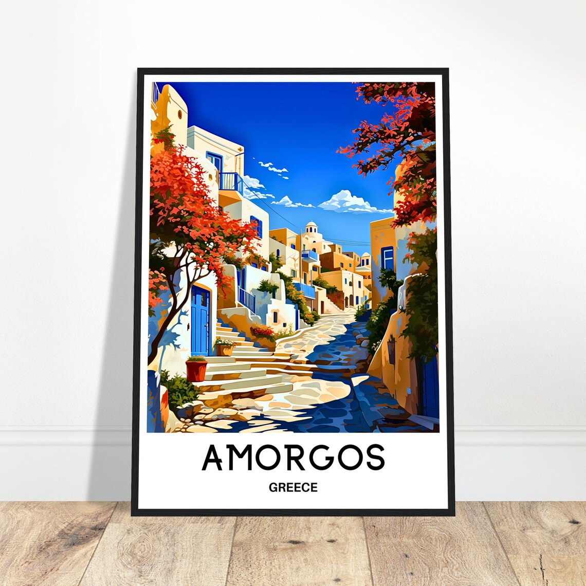 Amorgos Greece Island Street Bougainvillea Vintage Travel Poster