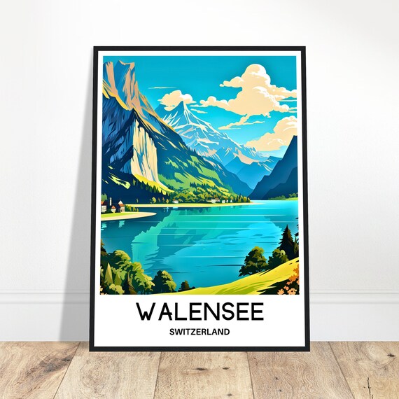 Walensee Travel Print Lake Walen Poster Swiss Art Switzerland Lover Gift Wall Hanging Home Office Decor Illustration