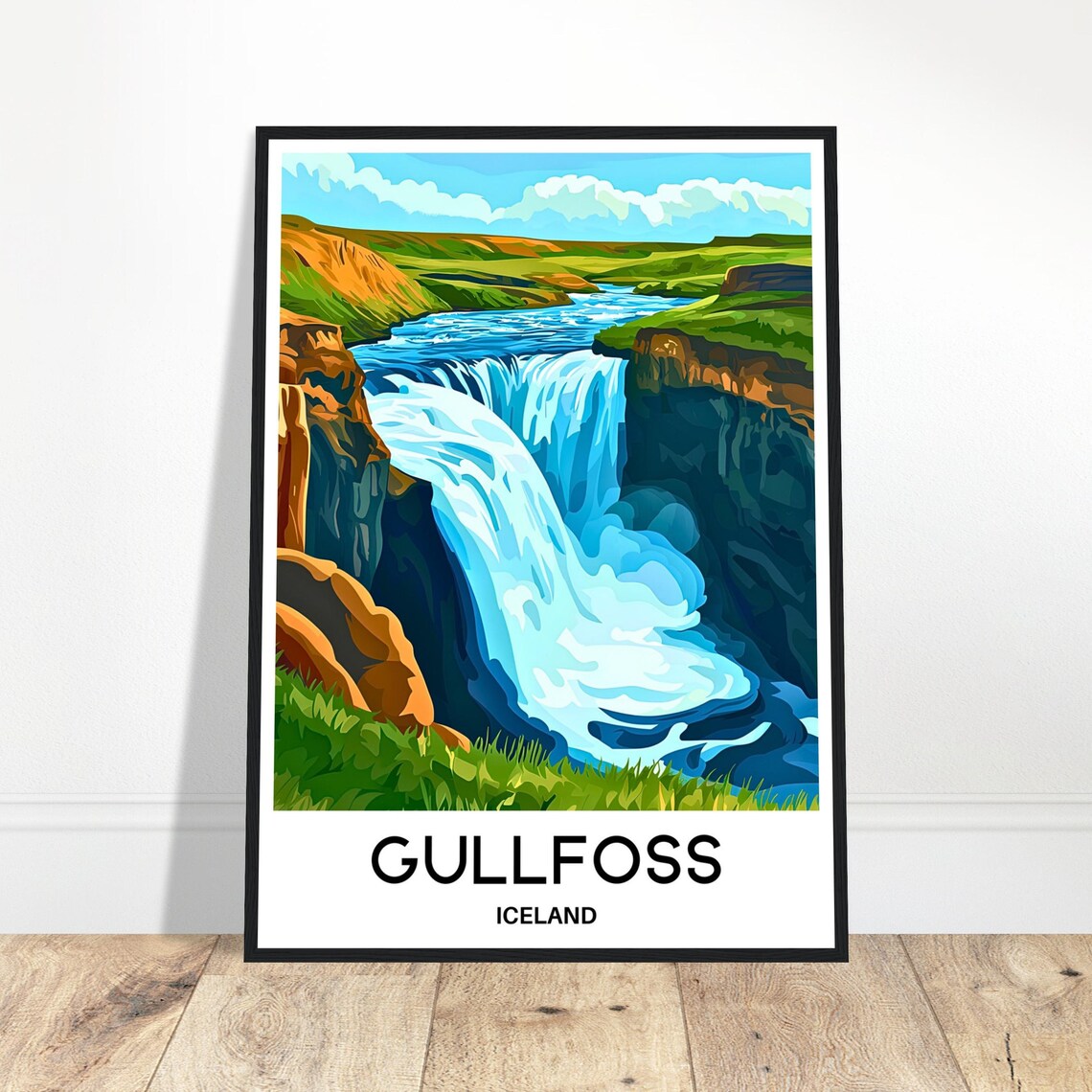Gullfoss Waterfall Iceland Travel Poster Dramatic Falls Illustration