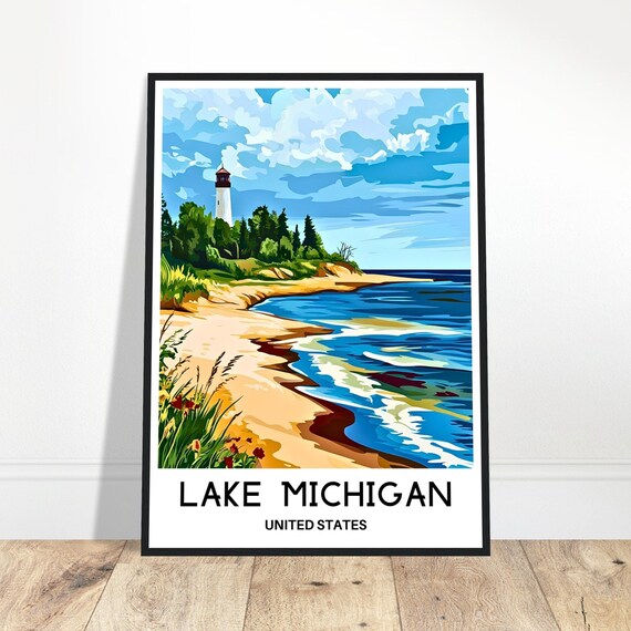 Lake Michigan Travel Print Poster Art United States Lover Gift Wall Hanging Illustration Home Office Decor