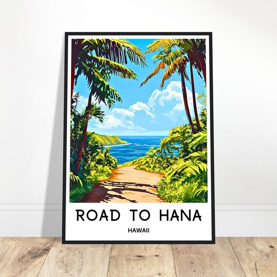Road to Hana Hawaii Tropical Coast Travel Illustration Poster