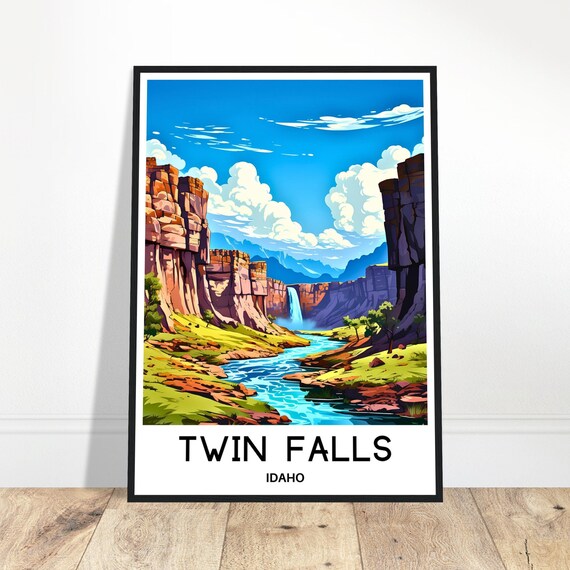 Twin Falls Travel Print Poster Art Idaho Lover Gift Wall Hanging Waterfall Illustration Home Office Decor