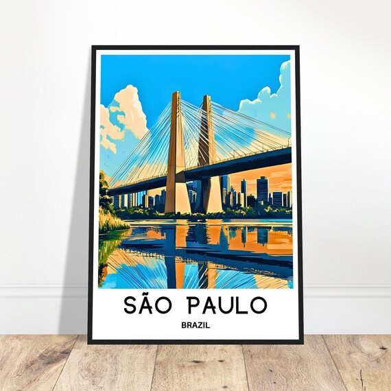 Sao Paulo Brazil Cable Stayed Bridge Retro City Travel Poster