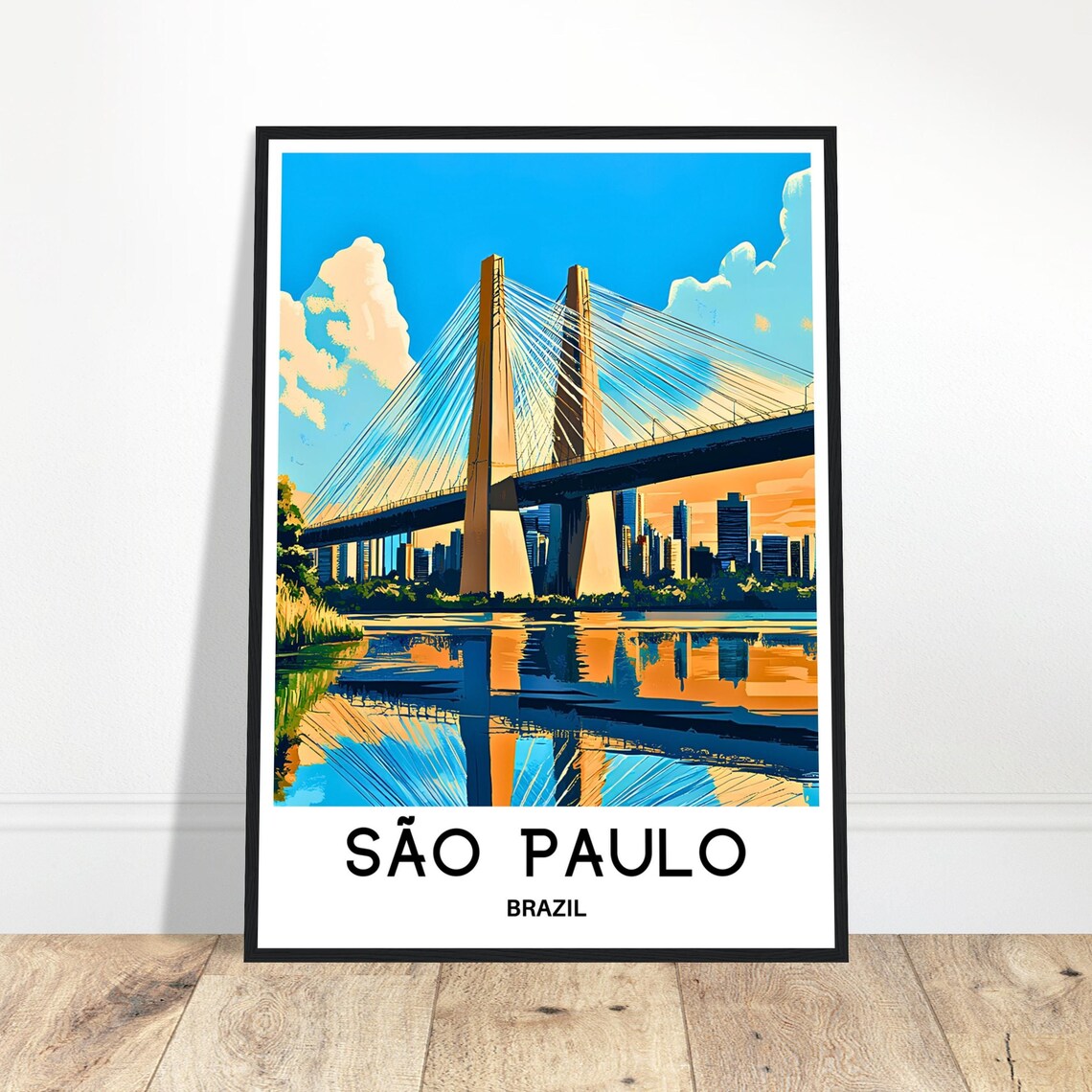 Sao Paulo Brazil Cable Stayed Bridge Retro City Travel Poster