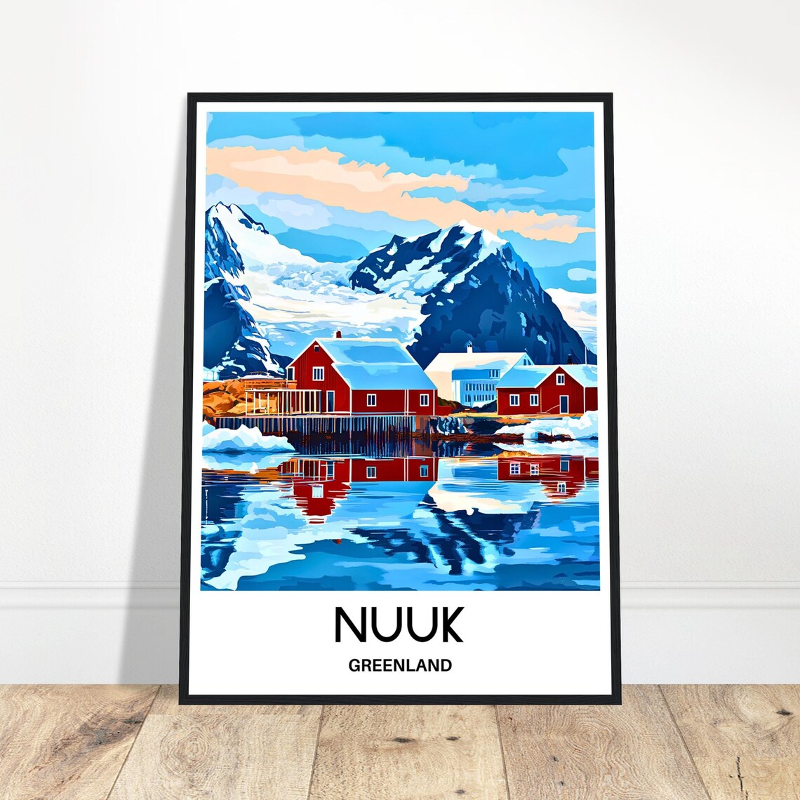 Nuuk Greenland Red Cabins Arctic Harbor Winter Travel Poster