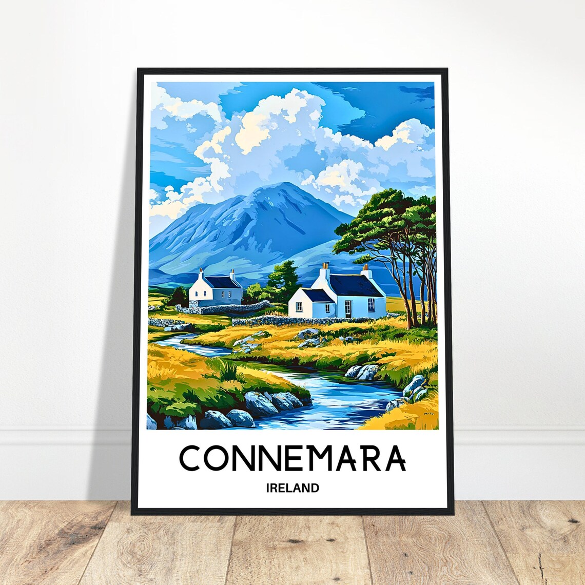 Connemara Ireland Cottage Poster with Mountain Stream and Moorland