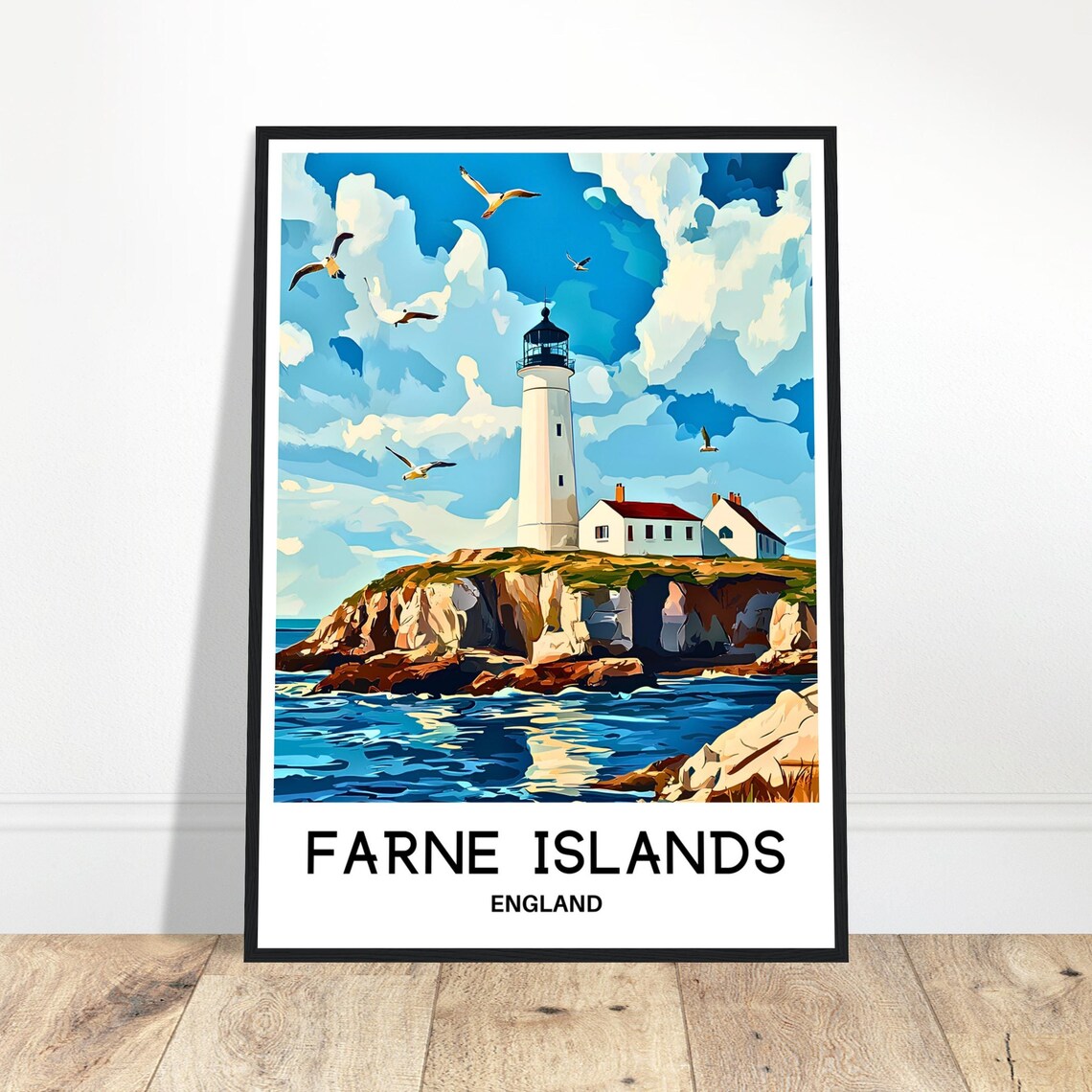 Farne Islands England Lighthouse Seabirds Coastal Illustration Poster