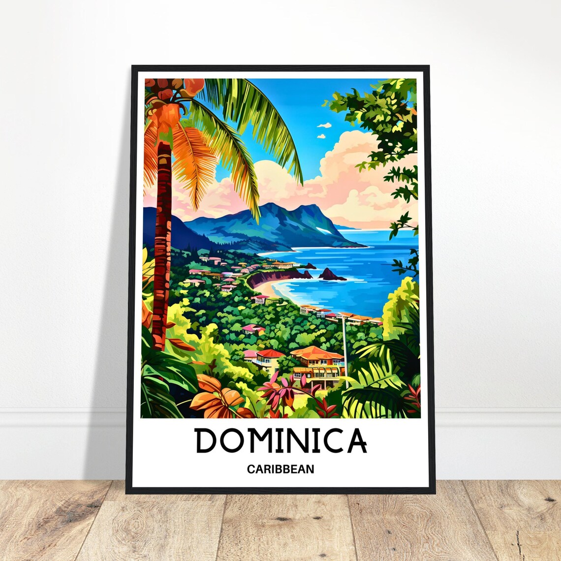 Dominica Caribbean Lush Coastal Town With Swaying Palm Trees Poster