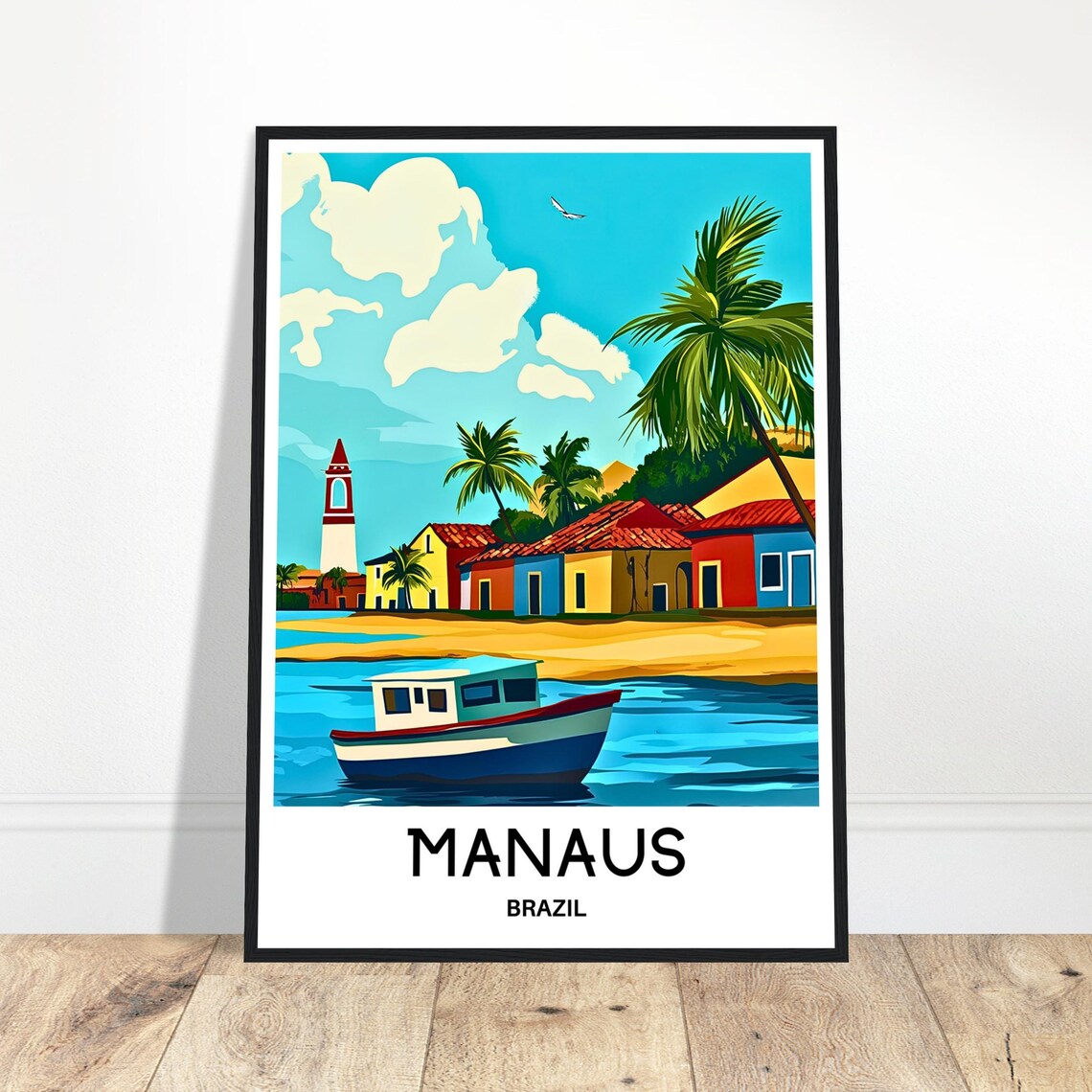 Manaus Brazil Colorful Colonial Street Boat Retro Travel Poster
