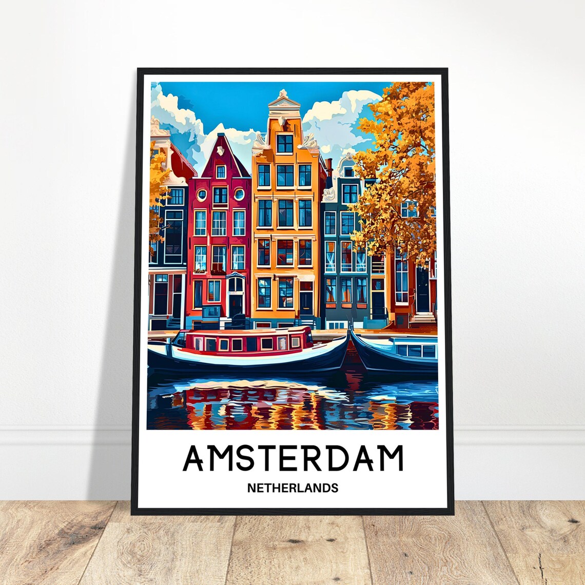 Amsterdam Canal Row Houses Houseboats Autumn Colors Travel Poster