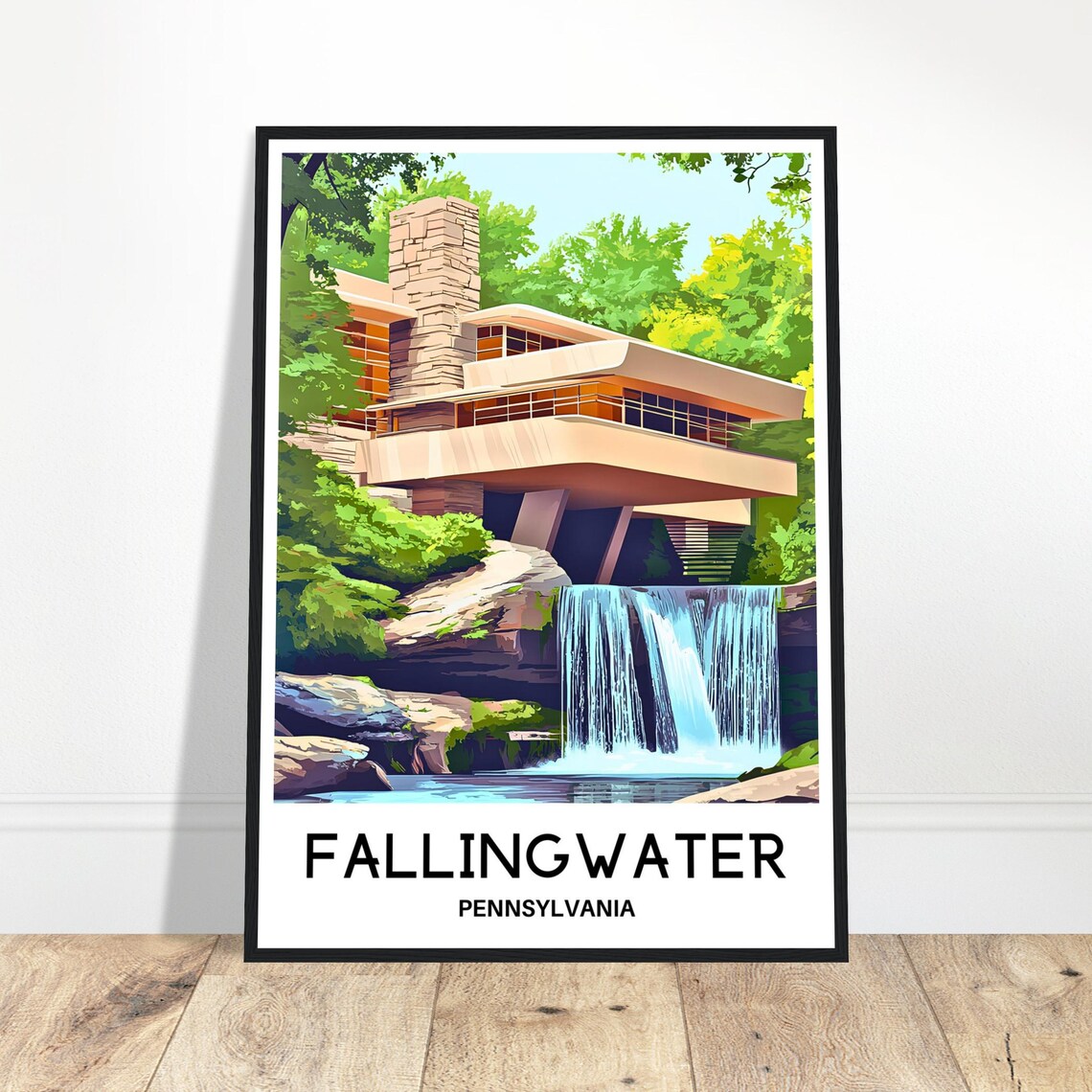 Fallingwater Travel Print Poster Art Pennsylvania Lover Gift Wall Hanging Home Office Decor Illustration