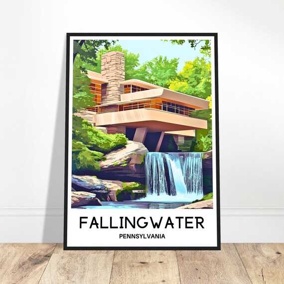 Fallingwater Travel Print Poster Art Pennsylvania Lover Gift Wall Hanging Home Office Decor Illustration
