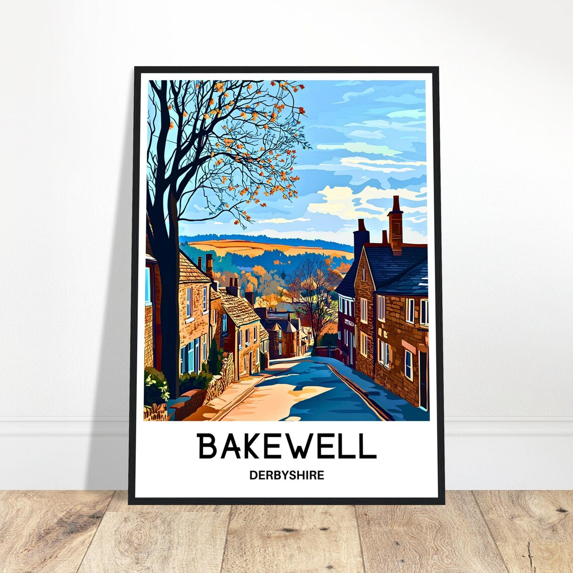 Autumn Bakewell Derbyshire Village Street Golden Trees Poster