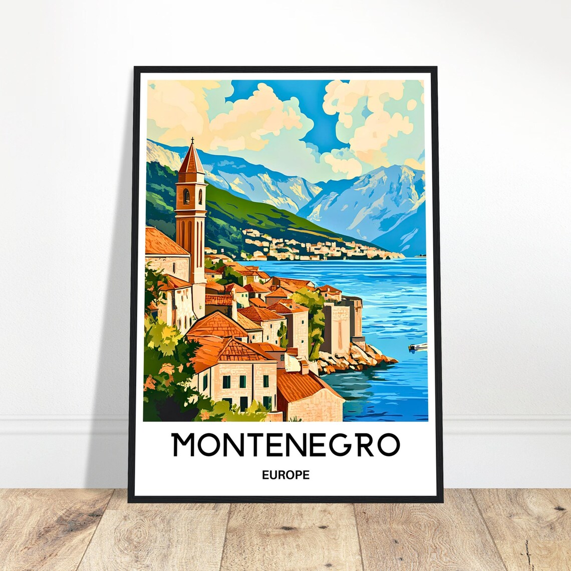 Montenegro Europe Coastal Old Town Bell Tower Sea View Travel Poster