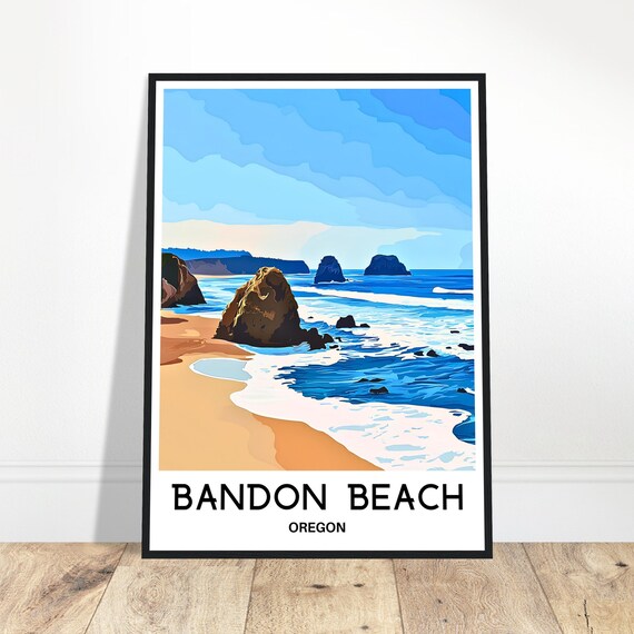 Bandon Beach Travel Print Poster Art Oregon Lover Gift Wall Hanging Illustration Home Office Desk Room Decor