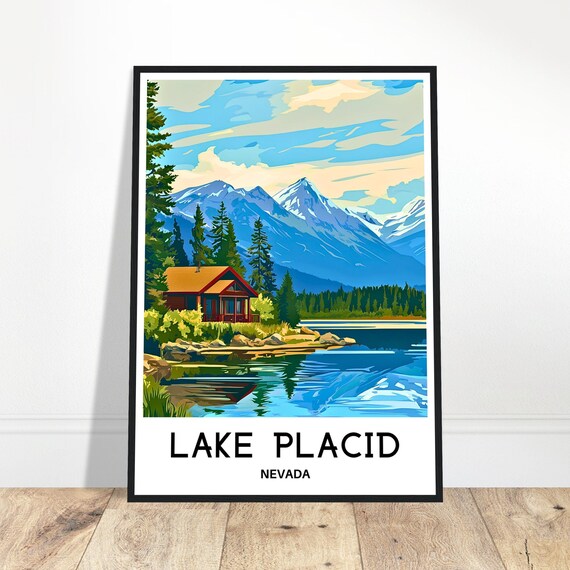 Lake Placid Travel Print Poster Art Nevada Lover Gift Wall Hanging Home Office Decor Illustration