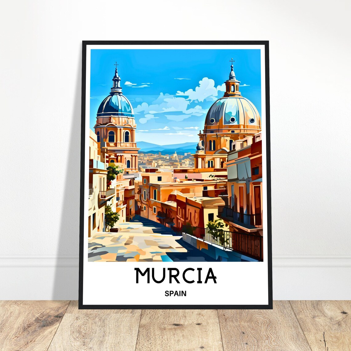 Murcia Spain Cathedral Blue Domes Sunlit Old Street Travel Poster