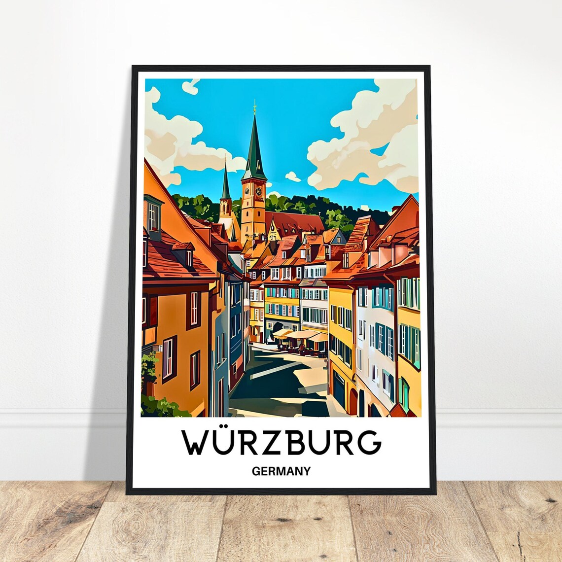 Wurzburg Germany Old Town Church Steeple Street Vintage Travel Poster