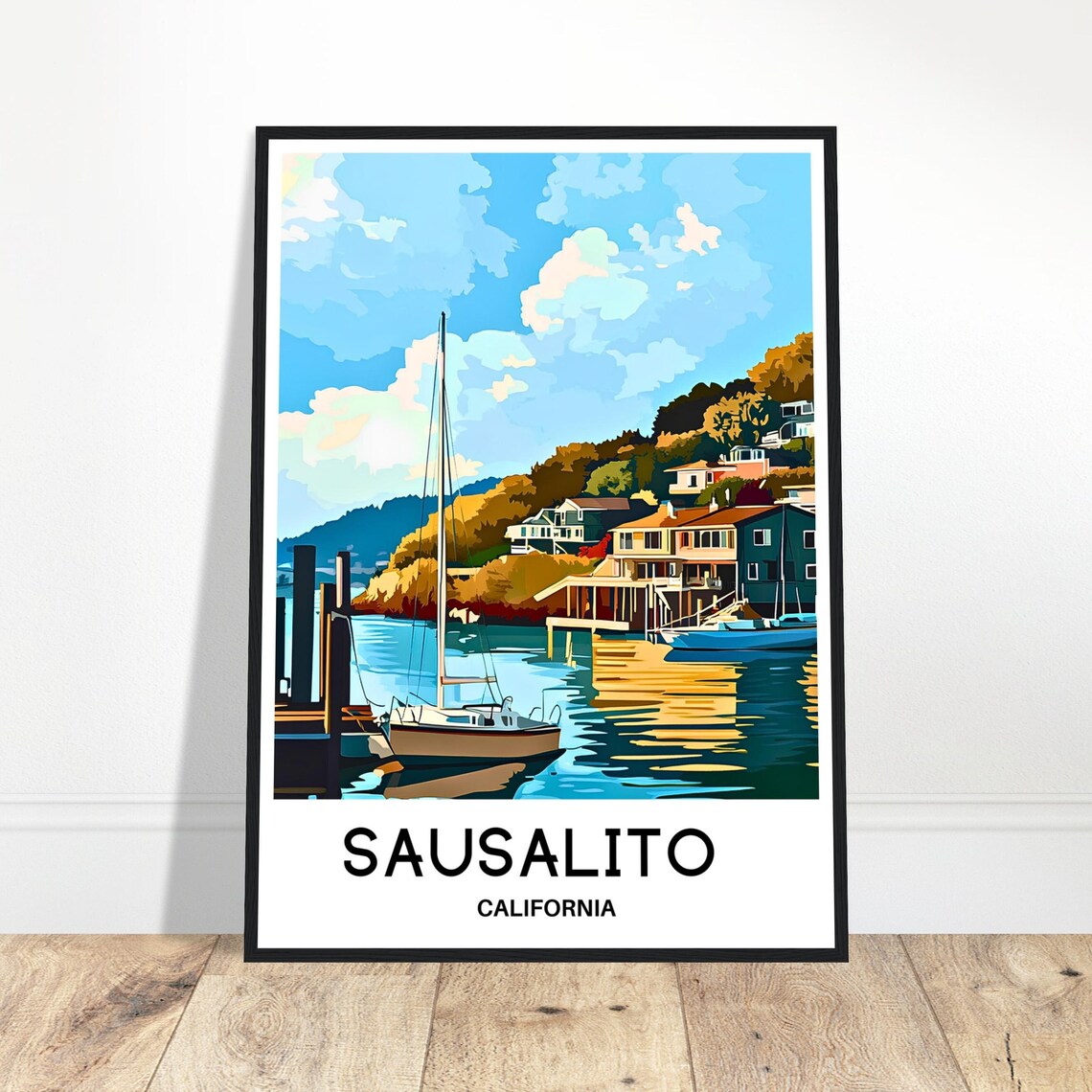 Sausalito California Harbor Sailboat Travel Illustration Poster
