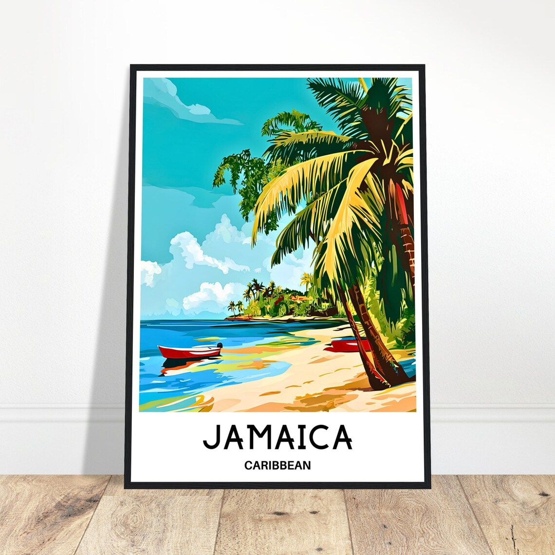 Tropical Jamaica Beach Travel Poster With Palm Trees And Red Canoe
