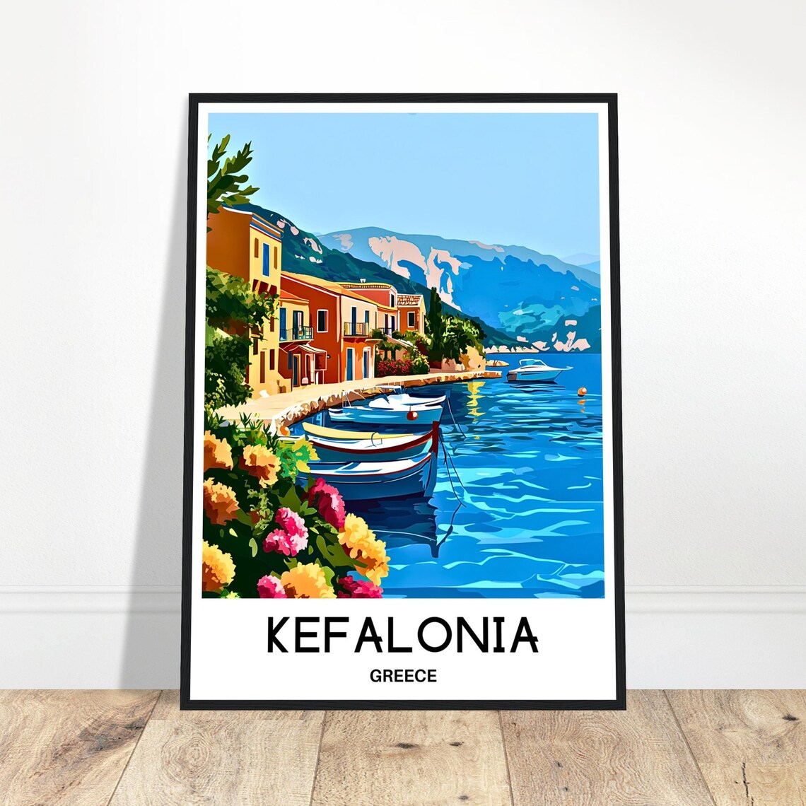 Kefalonia Greece Colorful Harbor Boats Seaside Travel Poster