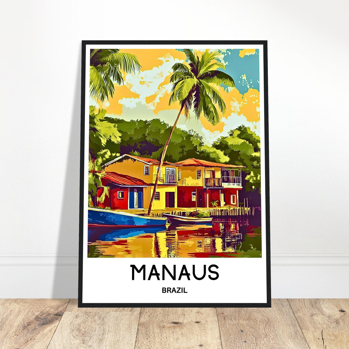 Manaus Brazil Riverside Houses Palm Tree Amazon Travel Poster