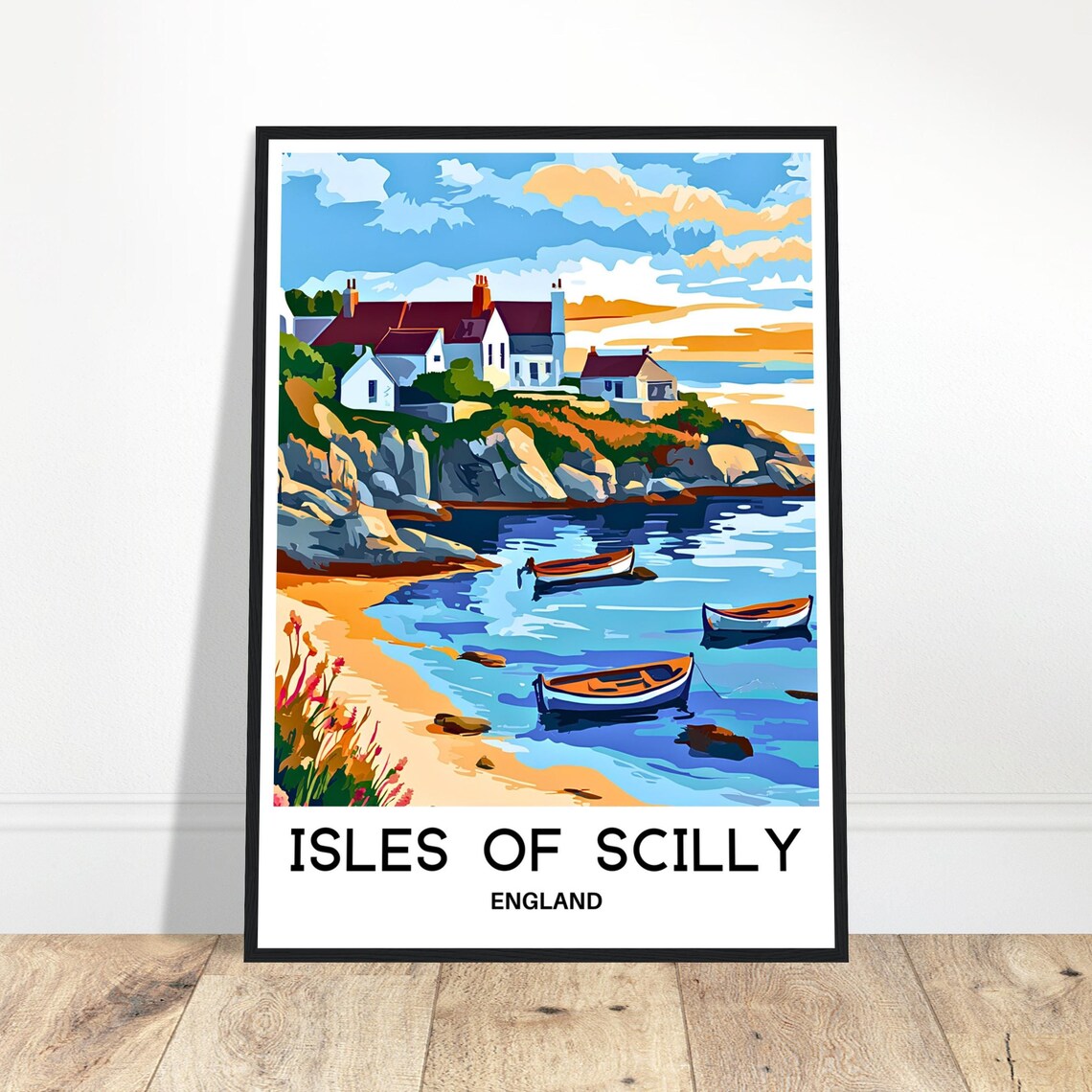 Isles of Scilly England Cliff Cottages Boats Sunset Travel Poster