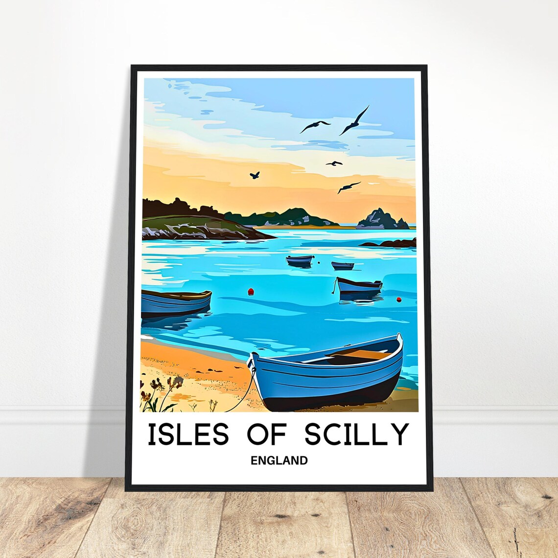 Isles of Scilly England Beach Boats Seagulls Coastal Travel Poster