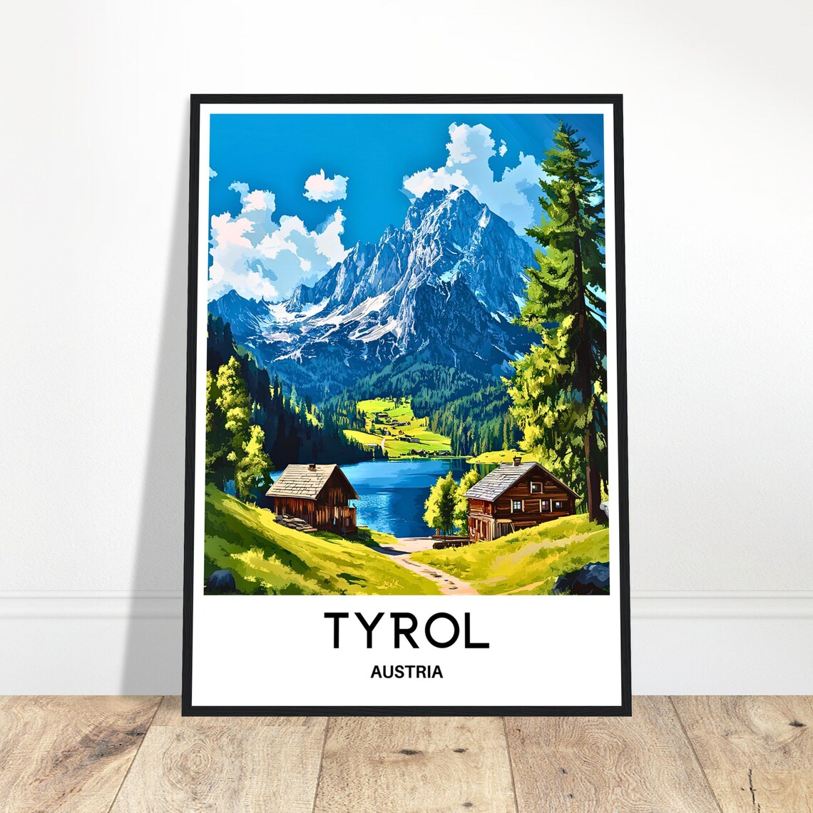 Tyrol Austria Alpine Peaks Lake And Wooden Cabins Travel Poster