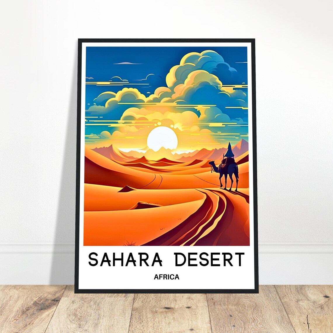 Golden Sahara Desert Africa Camel Rider Sunset Dunes Travel Poster