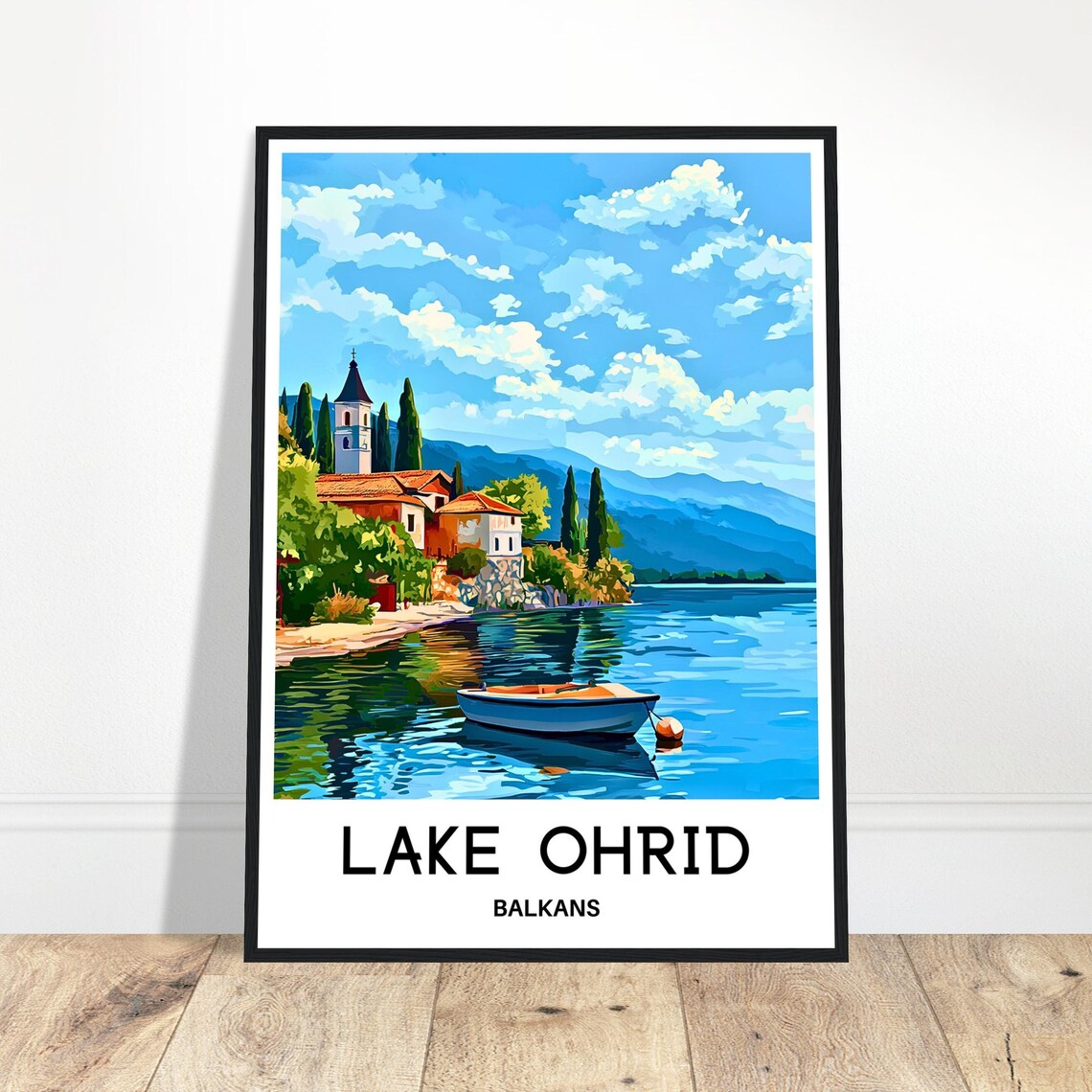 Lake Ohrid Balkans Lakeside Church Travel Poster With Blue Waters