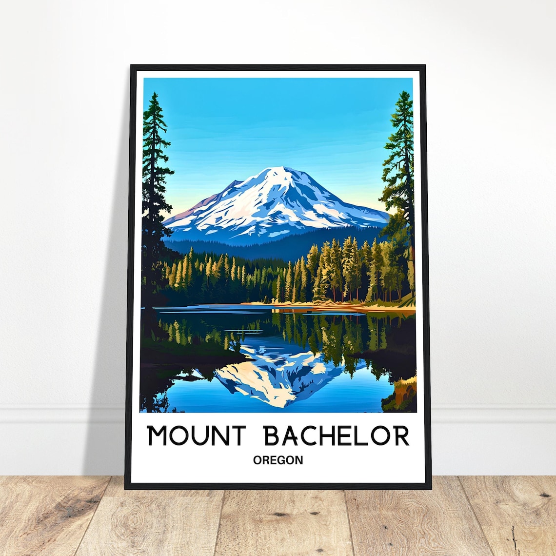 Mount Bachelor Oregon Snowy Peak Lake Reflection Travel Poster