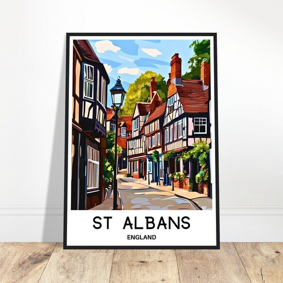 St Albans Travel Print Poster English Art England Lover Gift Wall Hanging Town Illustration Home Office Desk Decor